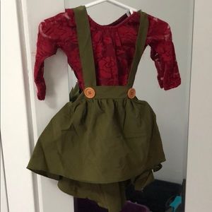 Wine jumpsuit with olive overall dress